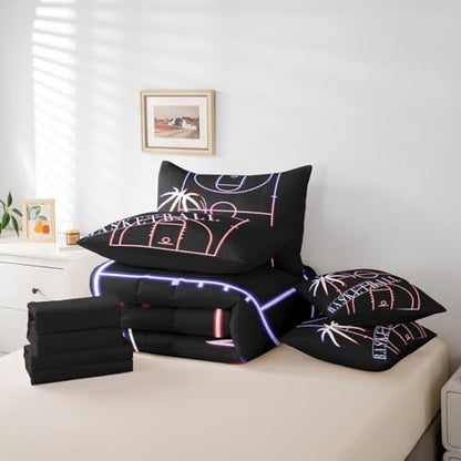 Basketball Bed in a Bag 7-Piece for Boys Room Sport Bedding Set, Glowing Basketball Court Twin Size Comforter Set Sports Gamer Bedding Comforter Sets, Navy Pink Red Bed Set (Black Reversible)