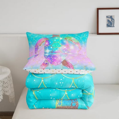 Erosebridal Mermaid Scales Comforter Set for Girls, Tortoise Reptile Bedding Set Queen Size, Sea Turtle Ocean Life Duvet Sets for Kids Children Boys Women, Sweet Girly Down Comforter, Teal Blue