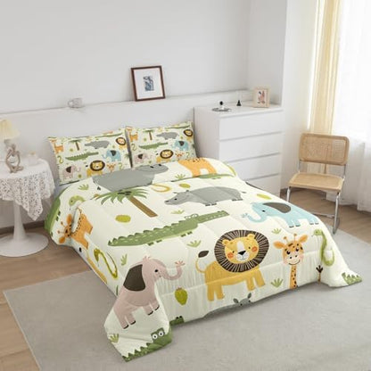 Feelyou Nursery Cute Wild Animals Bedding Set for Girls Boys Child Kids Cartoon Lion Giraffe Crocodile Comforter Decor Nature Wildlife Comforter Set Zoo Animal Theme Duvet Set Full Size Quilt Set