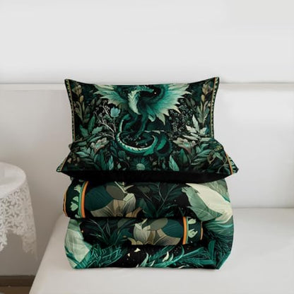 Feelyou Dragon Comforter Set All Season Dragon Stuff Bedding Set with 1 Pillow Cases Wild Life Kids Twin Bedclothes Magic Wildlife Bedroom Decor Greenish Duvet Quilt Breathable Soft