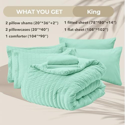HYMOKEGE Mint Green King Size Comforter Set Seersucker 7 Pieces, All Season Luxury Bed in a Bag for Bedroom, Bedding Set with Comforter, Sheets, Pillowcases & Shams