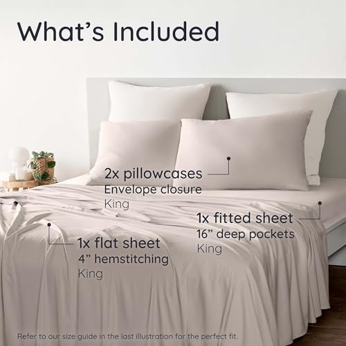 Bambaw 100% Viscose Derived from Bamboo Sheets King Size Set – 4pcs Luxury Bed Sheet Set, Best Cooling Sheets for Hot Sleepers, Soft & Breathable, Fits Up to 16'' Deep Pocket (Sand)