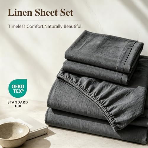 MEISHANG 100% French Linen Sheets King,4 Pcs,18-24" Extra Deep Pocket