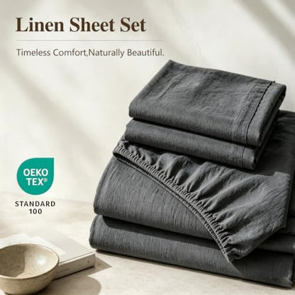 MEISHANG 100% French Linen Sheets Queen,4 Pcs,18-24" Extra Deep Pocket