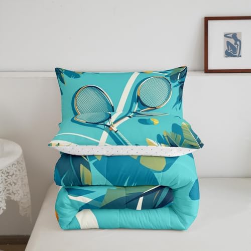 Castle Fairy Tennis Racket Bedding Set King Size Summer Theme Sports Gaming Comforter Set for Kids Boys Bedroom Decor Tropical Palm Leaves Soft Duvet Insert Tennis Ball Down Comforter Set,3Pcs
