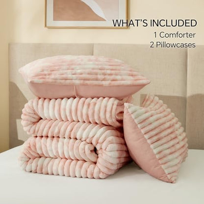 BEDELITE Fleece Twin/Twin XL Comforter Set, Fluffy Bed Set, Pink&White