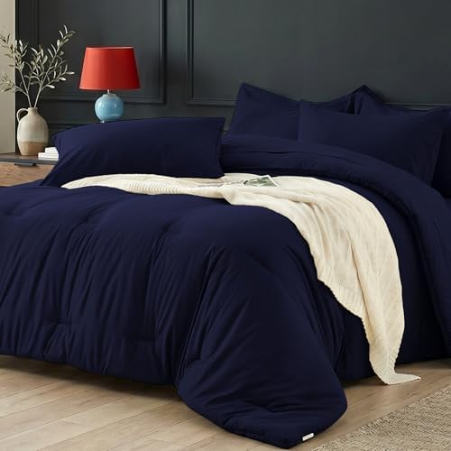 California King Comforter Set 7 Pieces - Ultra-Soft Bed in a Bag, Cozy Luxury All Season Bedding Sets with Comforter, Flat Sheet, Fitted Sheet, 2 Pillow Shams & 2 Pillowcases, Navy Blue