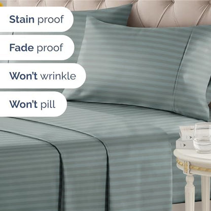 Twin XL 3 Piece Striped Sheet Set - Breathable & Cooling - Greeny Stripes