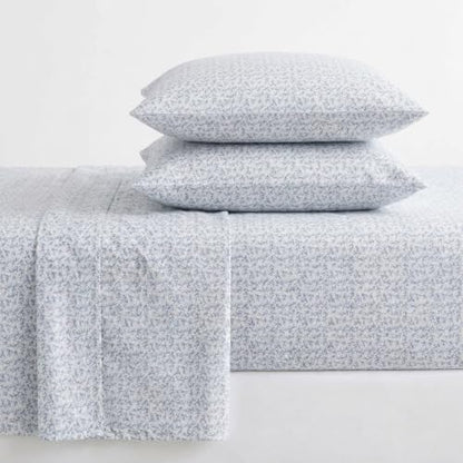 Martha Stewart - Twin Sheet Set with Fitted Sheet & Pillowcase, Cotton Percale Bedding with a Smooth Feel, Deep Pocket, Leaves Blue