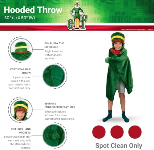 Elf The Movie Buddy Holiday Christmas Kids Bedding Soft Cozy Hooded Throw Blanket, 30 in x 50 in, (Officially Licensed Product) by Franco