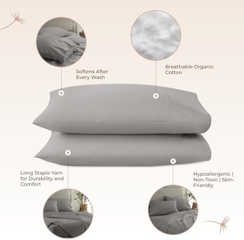 100% Organic Cotton Pillow Cases Queen Size Set of 2-100% Cotton Pillowcases GOTS Certified 300 Thread Count - Naturally Cooling Comfortable Breathable & Soft Pillow Cases (Stone, Queen)