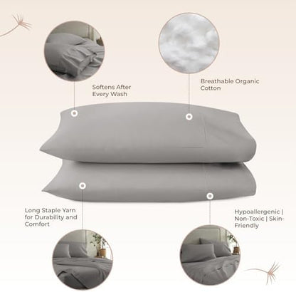 100% Organic Cotton Pillow Cases Queen Size Set of 2-100% Cotton Pillowcases GOTS Certified 300 Thread Count - Naturally Cooling Comfortable Breathable & Soft Pillow Cases (Stone, Queen)