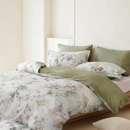 King Comforter Set 3 Pieces, 100% Cotton Vintage Floral Bedding Set for All‑Season, Soft Breathable Reversible Comforter with 2 Pillow Shams