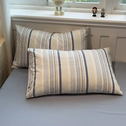 mixinni Vintage Blue and White Striped Duvet Cover Set Full - 100% Washed Cotton 3 Piece Bedding Set with Geometric Pattern, Soft Breathable Comforter Cover with Zipper Closure & Corner Ties