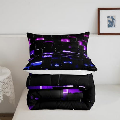 Feelyou Black Pink Purple Square Ombre Comforter Set King Size Kids 3D Rendering Abstract Art Comforter for Boys Girls Teens Modern Fashion Bedding Set Stripes Duvet Set