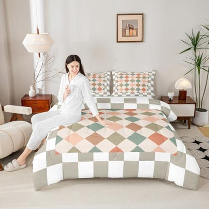 Feelyou Checkered Geometric Kids Comforter Set Toddler Size Retro Green Beige Brown Plaid Bedding Set Checkerboard Modern Aesthetic Duvet Quilt for Kids Boys Girls Bedroom Reversible Grey Decor