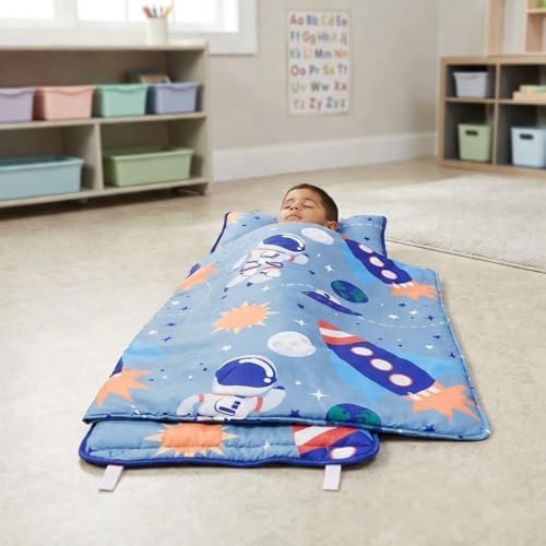 EVERYDAY KIDS Nap Mat w/Removable Pillow -Outer Space Adventures- Carry Handle with Straps Closure, Rollup Design, Soft Microfiber for Preschool, Daycare, Travel Sleeping Bag - Ages 3-6 Years