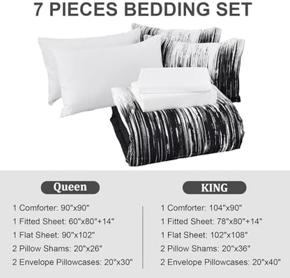 Dinjoy Ombre Black Comforter Set King Size Gradient Black White Boho Bedding Set for Teen Men Women 7 Pieces Bed in A Bag Bohemian Bed Set with Comforter, Sheets, Pillowcases & Shams