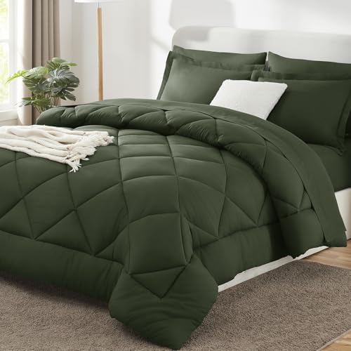 CozyLux Full Comforter Set 82"x86" Dark Green - 7 Piece Bed in a Bag