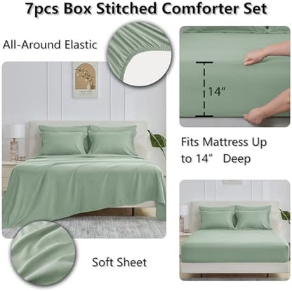CozyLux Full Size Comforter Sets, 7-Piece Bed in a Bag, Sage Green
