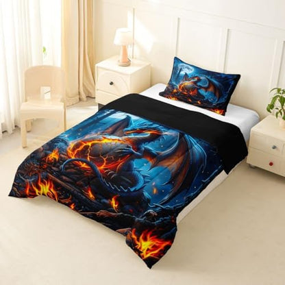 Feelyou Blue Black Dragon Bedding Set Soft for Boys Girls, Wild Animal Comforter Set Toddler Size Mysterious Dragon Egg Duvet Quilt Microfiber Gothic Magic Bedroom Decor 2 Pcs with 1 Pillow Cases