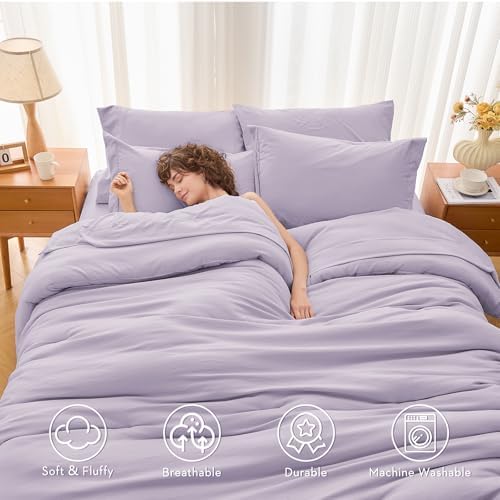 MUXHOMO 7 Pieces Oversized Queen Comforter Set, Soft Bed in a Bag Oversized Queen Size, All Season Bedding Set with Comforter, Flat Sheet, Fitted Sheet, Pillowcases & Shams, Lavender