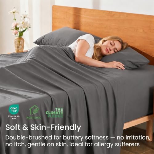GOKOTTA 3 Piece Twin Sheet Set - Soft, Breathable & Cozy - Dark Grey