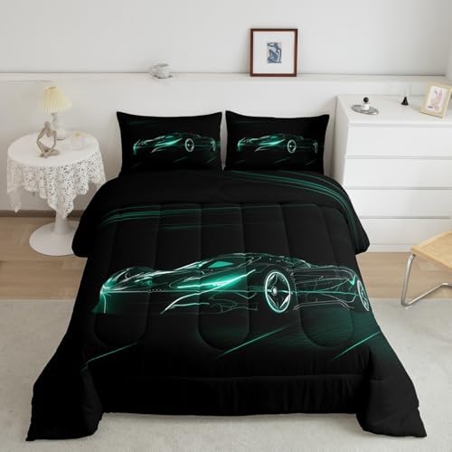 Feelyou Teal Race Car Bedding Set Queen Size for Kids Teens