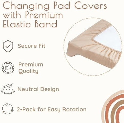 Baby Changing Pad Covers Boy, 2-Pack Changing Table Sheets, 100% Cotton Muslin Changing Pad Covers, 32"x16" x 8" Diaper Changing Pad Cover Boy, Oeko-TEX (Rainbow + Neutral Beige Changing Pad Cover)