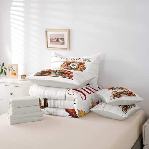 Erosebridal Rustic Farmhouse Bed in A Bag with Sheets for Kids Boys Girls Adults Fall Harvest Pumpkin Print Bedding Set Maple Leaf Book Print Queen Comforter Set 7 Piece Autumn Retro Bed Set