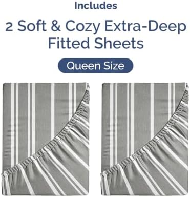 CGK Linens 2 Pack Extra Deep Queen Fitted Sheets - Grey Stripes