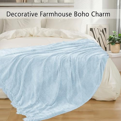 Chenille Throw Blanket for Couch 50" x 60", Light Blue