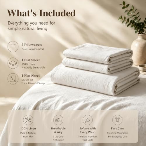 MEISHANG 100% French Linen Sheets King,4 Pcs,16" Deep Pocket