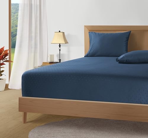 LANE LINEN King Sheets Deep Pocket Sateen Weave - Estate Blue Swiss Dot
