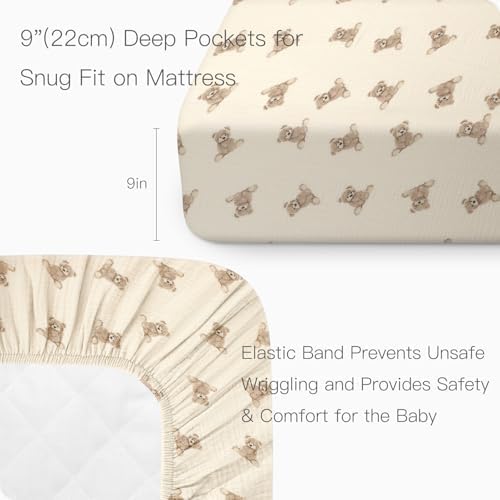 Organic Crib Sheets Fitted Crib Mattress Sheet 2 Pack 52x28 Inches 100% Muslin Cotton for Baby Girls & Boys, Soft Boho Neutral Toddler Bed Sheets Fits Well Standard Size Crib Mattress 28x52 Inches