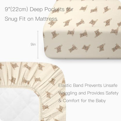 Organic Crib Sheets Fitted Crib Mattress Sheet 2 Pack 52x28 Inches 100% Muslin Cotton for Baby Girls & Boys, Soft Boho Neutral Toddler Bed Sheets Fits Well Standard Size Crib Mattress 28x52 Inches
