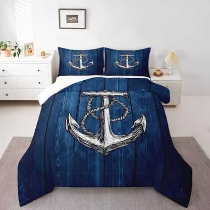 Anchor Nautical Comforter Set Twin,Rustic Farmhouse Style Bedding Set 2pcs for Kid Teen Adults Room Decor,Blue Wooden Board Down Comforter Vintage Maritime Adventure Duvet Insert with 1 Pillowcase