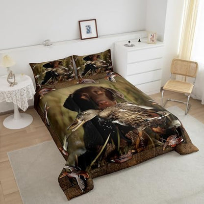 Duck Hunting Bedding Dog Hunter Comforter Set for Kids Boys Girls Wild Animal Mallard Duck Print Duvet Set Hunting and Fishing Farmhouse Theme Quilts Wildlife Flying Duck Bedding Queen Size 3 Pcs