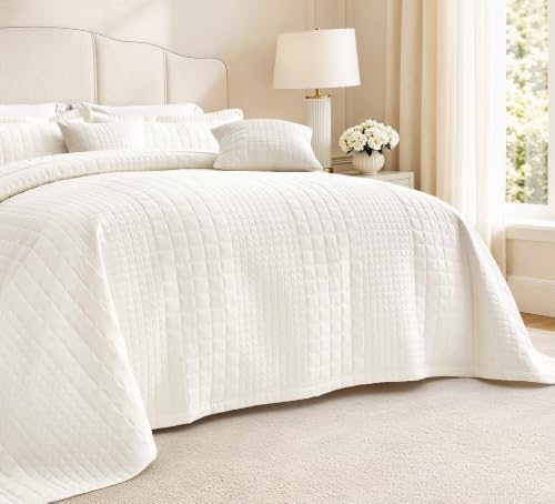 Oversized King Bedspreads 128x120, Grid Stitch, Cream