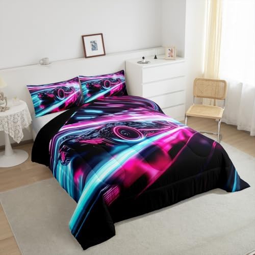 Erosebridal Kids Boys Girls Red Race Car Comforter Set King Size,Sports Cars Comforter Set for Teens Race Car Bedding Set Racing Cars Duvet Bed Set Room Decor Bedding Collection,Blue Black Pink