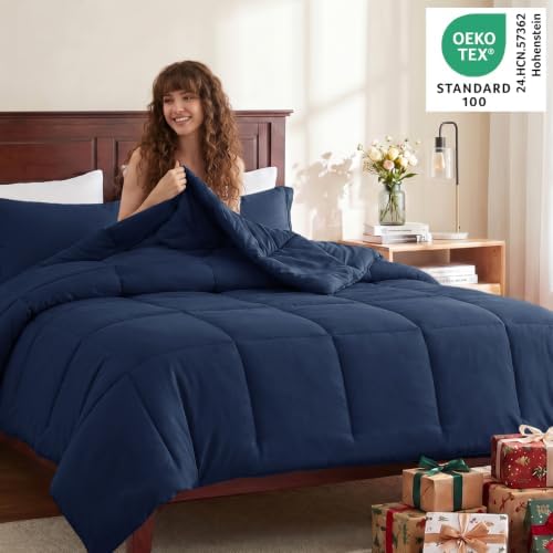 CozyLux Full Size Comforter Sets, 3-Piece Box-Stitched, Navy Blue