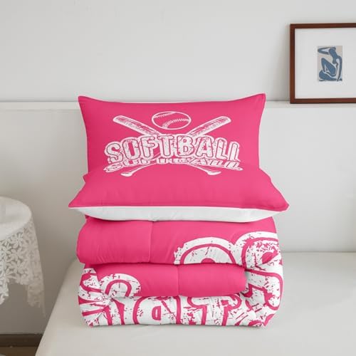 Homewish Softball Full Size Comforter Set,Sports Gaming Bedding Set for Adults Teens,Children Sport Softball Comforter Luxury Pink White Quilt Set Room Decor 3Pcs