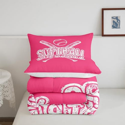 Homewish Softball Full Size Comforter Set,Sports Gaming Bedding Set for Adults Teens,Children Sport Softball Comforter Luxury Pink White Quilt Set Room Decor 3Pcs