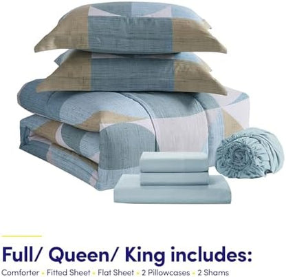 Geometric Comforter Set Full Size with Sheets Bed in a Bag – Deep Pocket Fitted Sheet with Elastic Corners, Cozy Comforter, Pillowcases & Shams – Soft Microfiber All Season Bedding – Machine Washable