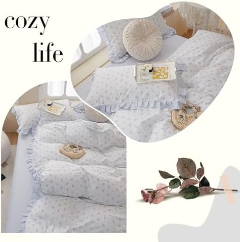 VM VOUGEMARKET Blue Flower Duvet Cover Set Queen,3 Pieces Romantic Ruffle Duvet Cover with 2 Lace Pillow Shams,100% Cotton Princess Bedding Set for Girls-Flower Striped Pattern
