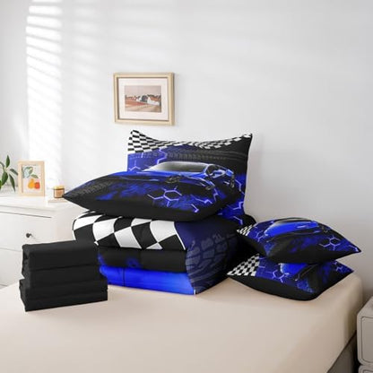 Feelyou Racing Car Bed Set for Kids Boys Girls Twin Size Speed Sports Car 7 Pieces Beeding Set Teen Adult Soft Extreme Sports Bed in a Bag with Comforter, Sheets, Pillowcases Honeycomb Pattern