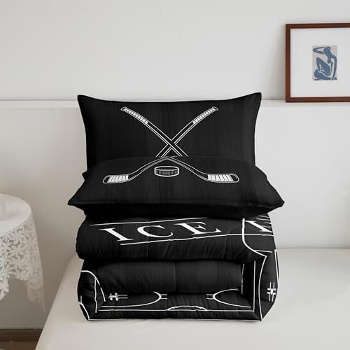 Erosebridal Ice Hockey Comforter Twin for Boys Kids Sports Bedding Set, Ice Hockey Rink Down Comforter Black Bed Set Ball Game Gaming Gamer Quilted Duvet (1 Comforter + 2 Pillowcase)
