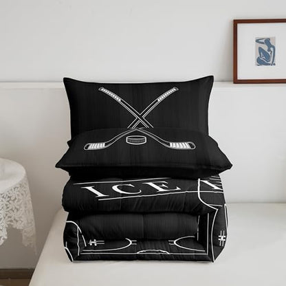 Erosebridal Ice Hockey Comforter Twin for Boys Kids Sports Bedding Set, Ice Hockey Rink Down Comforter Black Bed Set Ball Game Gaming Gamer Quilted Duvet (1 Comforter + 2 Pillowcase)