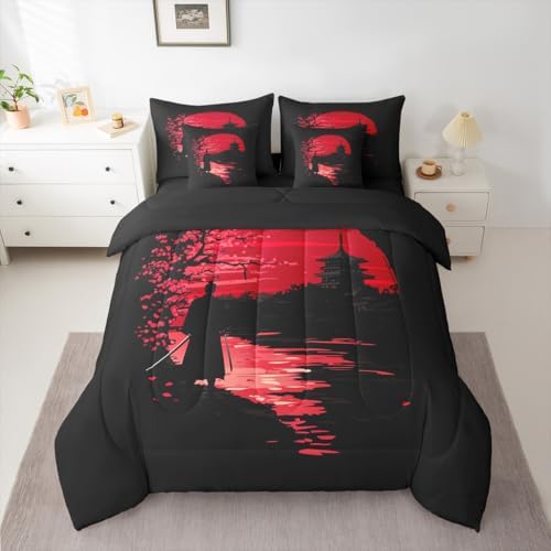 Erosebridal Samurai King Comforter Set 7 Pieces, Sunset Bed in A Bag for Bedroom, Kids Boys Teens Men Japanese Bedding Set with Comforters, Sheets, Pillowcases Scenery Silhouette Bedroom Decor