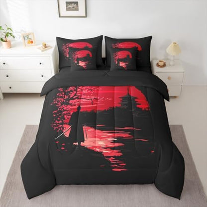 Erosebridal Samurai Queen Comforter Set 7 Pieces, Sunset Bed in A Bag for Bedroom, Kids Boys Teens Men Japanese Bedding Set with Comforters, Sheets, Pillowcases Scenery Silhouette Bedroom Decor